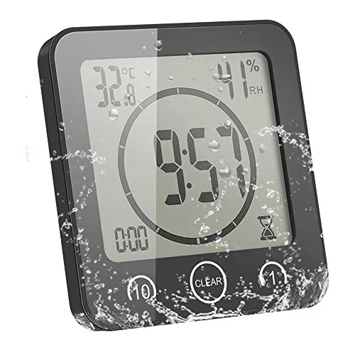 ALLOMN Badezimmer Uhr, LCD Digital Dusche Wecker wasserdichte Berührungssteuerung ℃ / ℉ Temperatur Luftfeuchtigkeit, Countdown Timer, 3 Montagemethoden, Batterieleistung (Schwarz)