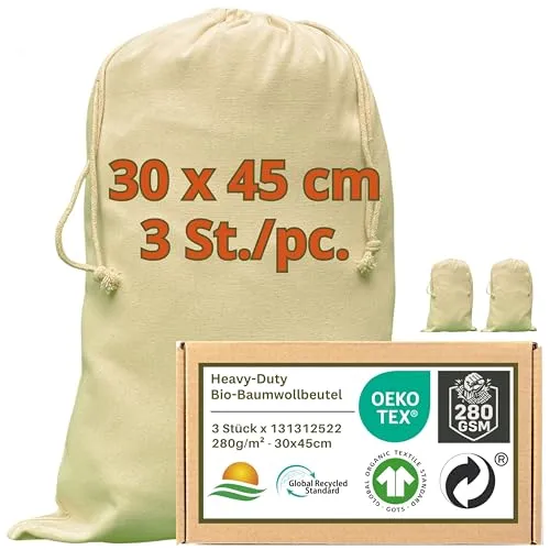 WIESEN.design Brotbeutel - 280 g/m² OEKO-TEX® zertifizierte Heavy-Duty Baumwolle für langlebige, professionelle Anwendungen, 30x45 cm - 3 St. Stoffbeutel zum bemalen, Brotsack zum frischhalten