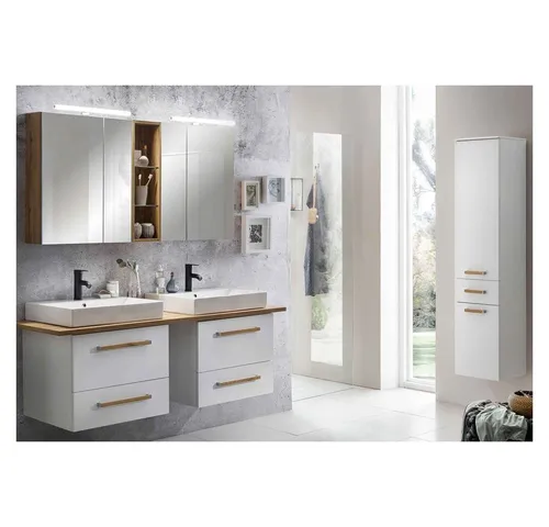 Lomadox Badmöbel-Set Dabo-04, 3-teilig in Weiß und Landhaus Eiche - Praktisches Badezimmer-Set mit 3 Teilen, melaminharzbeschichtet für Langlebigkeit. Maße: 210x50x200 cm. Ideal für stilvolle Gestaltung und einfache Selbstmontage. Armatur separat erhältlich.