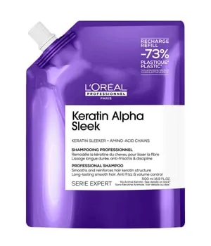 L'Oréal Professionnel Keratin Alpha Sleek Shampoo Refill 500ml - L'Oréal Professionnel Keratin Alpha Sleek Shampoo Refill 500 ml – sulfatfreies Shampoo für sanfte Reinigung und geschmeidiges Haar. Kontrolliert Frizz und verleiht Glanz für ein seidiges Finish.