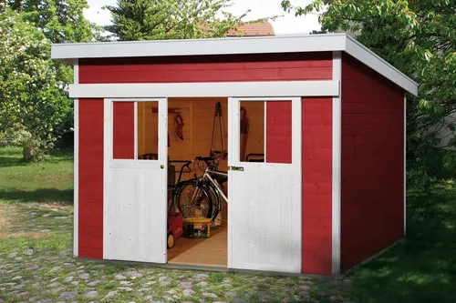 Weka Holz-Gartenhaus Turin Pultdach 295 x 335 cm - Holz-Gartenhaus mit modernem Design und robuster Konstruktion, ideal für die Aufbewahrung von Geräten und Möbeln, einfacher Aufbau durch Steck- & Schraubsystem.