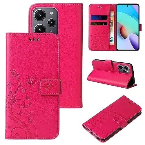 LBH Handy Hülle für Xiaomi Redmi 12 Case Handytasche Schmetterling Blumen Flower Standfunktion Schutzhülle Magnet Rundum Schutz 360 Grad Flipcase Cover Pink