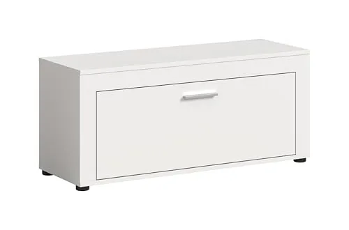 xonox.home Jam Sitzbank - Schuhbank und Garderobenbank in Weiß - Moderne Sitzbank mit 3 Regalfächern, ideal für Flur und Diele. Bietet viel Stauraum für ca. 4 Paar Schuhe und ist freistehend montierbar.