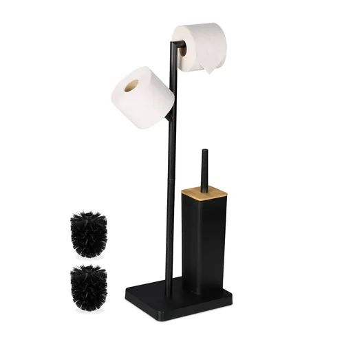Relaxdays WC-Garnitur Bambus & Edelstahl - Toilettenbürstenhalter aus hochwertigem Bambus und Edelstahl, inklusive Ersatzbürstenköpfen und Halterungen für Toilettenpapier – ideal für stilvolle Badezimmer.