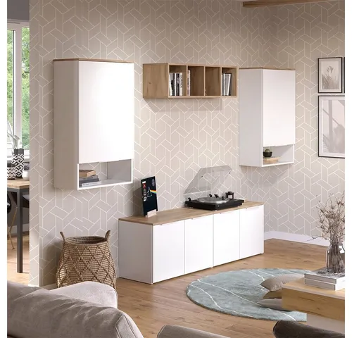 Vicco Wohnwand Wido Weiß Eiche 5 Teile - Wohnzimmerschränke mit stilvollem Design, viel Stauraum und flexibler Nutzung dank offener und geschlossener Fächer – ideal für jedes Zuhause.