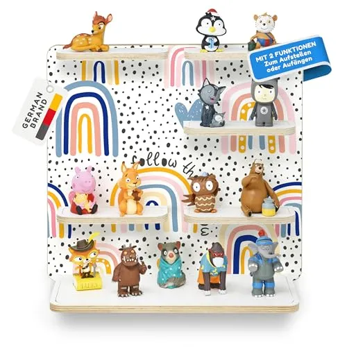 stadtecken Holzregal für Musikbox – Passend für Toniebox & ca. 35 Tonies | Perfekte Aufbewahrung fürs Kinderzimmer | Zum Aufhängen | Erweiterbar (Regenbogen ohne Musikbox)