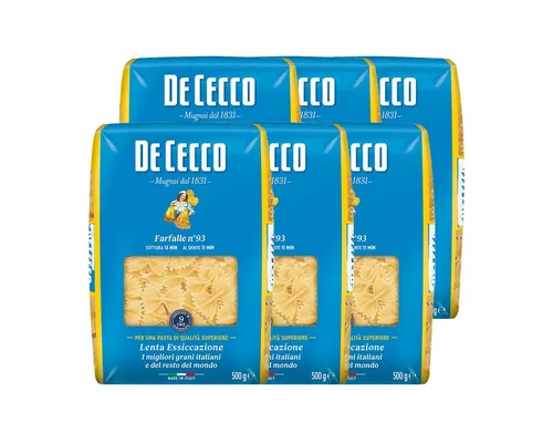 DE CECCO Nudeln, De Cecco Farfalle Nr. 93 Nudeln aus Hartweizengrieß 500g 6er Pack