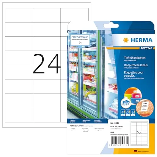 HERMA 4389 Tiefkühletiketten, 800 Blatt, 66 x 33,8 mm - Selbstklebende Tiefkühletiketten für den flexiblen Einsatz bei frostigen Temperaturen. Ideal für alle Drucker und zur sicheren Beschriftung von Gefriergut. 19200 Stück in hochwertiger Qualität.