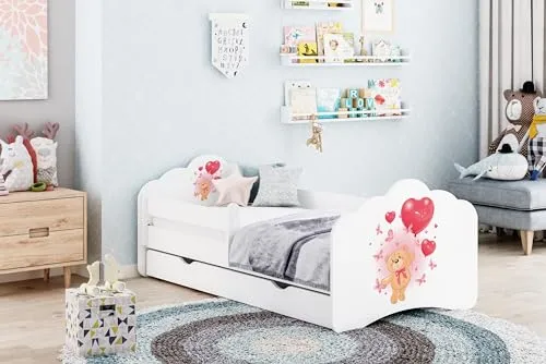 Happy Babies MOBI - Kinderbett 160 x 80 | Kinderbett mit Rausfallschutz & Bettkasten | Jugendbett mit farbigem Aufkleber | Kinderbett mit Matratze 80x160 | Kinder-Bett für Mädchen & Jungen WIESS (M09)