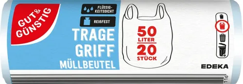 GUT&GÜNSTIG Müllbeutel 50,0 l transparent mit Tragegriff - Reißfeste und flüssigkeitsdichte Müllbeutel, ideal für den täglichen Gebrauch. Verkaufsinhalt: 20 Beutel, Maße: 60 x 72 cm.