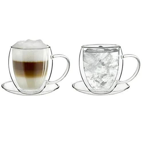 Creano doppelwandiges Thermoglas 250ml, 2er-Set, großes hitzebeständiges Teeglas BZW. Kaffeeglas aus Borosilikatglas, Tasse mit Untertasse, Glas