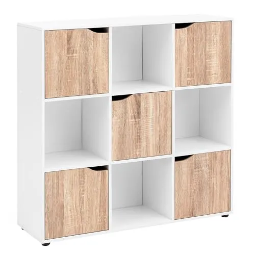 FineBuy SOMA Bücherregal mit 9 Fächern - Regal in modernem Design, bietet viel Stauraum mit fünf Türfächern und vier offenen Fächern. Ideal zur Kombination mit anderen Möbeln und für eine aufgeräumte Atmosphäre.