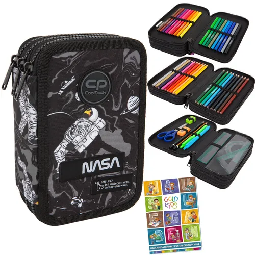 Federmappe 3-Fach NASA ASTRO Gefüllt - Federmappen & Schlamperrollen, gefüllt mit hochwertigem Zubehör und coolem NASA-Design in Schwarz, ideal für Schule und Freizeit.