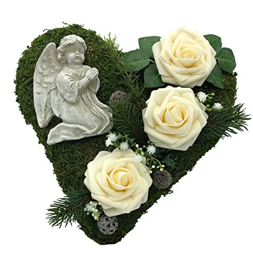 Grabgesteck Moosherz mit Engel und Rosen (Creme) - Frische Gestecke & Kränze, liebevoll handgearbeitetes Moosherz mit 3D Engel und hochwertigen Rosen, ein einzigartiges Unikat für den würdevollen Abschied.
