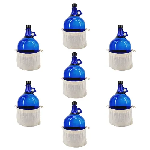 Glasballon blau 5 Liter mit Baumwollbeutel-Natur 7er-Set