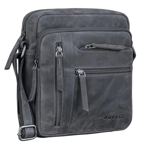 ROYALZ 'Indianapolis' Vintage Leder Umhängetasche Herren Klein Ledertasche Männer Tasche Schultertasche Echtleder Männerhandtasche zum Umhängen Herrentasche Büffel-Leder, Farbe:Navy Grau