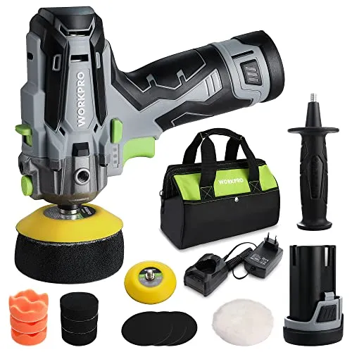 WORKPRO Mini Poliermaschine, 12V Akku Poliermaschine, Auto Poliermaschine Polierer 7500RPM, 2 x 2,0Ah Batterien, 1 Stunde Schnellladung, 75mm Polierschwamm + Wollscheibe, für Auto, Möbeln, Metall