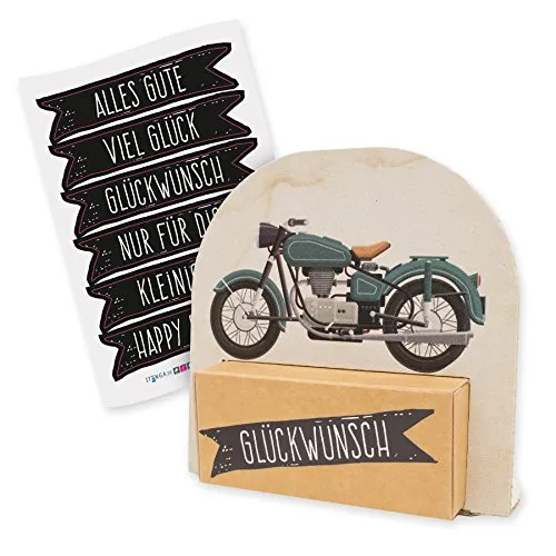 itenga Geldgeschenk oder Gastgeschenk Verpackung Motorrad Vintage mit Stickerbogen aus Karton 12x11,5cm