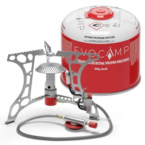 EVOCAMP Gaskocher Mini 3.2 kW mit Piezo-Zünder - Campingkocher für Outdoor-Abenteuer, leistungsstark mit 3,2 kW, kompakt und leicht für einfaches Transportieren, inklusive 1 Gaskartusche.