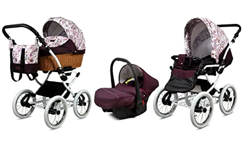 BabyLux Kinderwagen 3in1 mit Autositz für Kleinkinder – Kinderwagen für Neugeborene und Kleinkinder –– Baby Neugeborenen Kinderwagen – 59x105x125cm – Max 15kg – Maroon Flowers White Frame