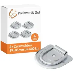 4x Zurrmulden 89x85mm mit Zurrbügel für Anhänger – Zurrösen nachrüsten Anhänger Bruchlast 1480 kg, 600 kg Zugbelastung Montageplatte mit Ø9 mm Schraubenloch D-Ring Ø8 mm