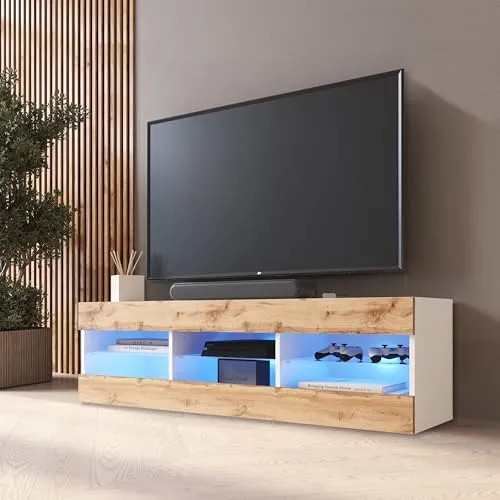 Komodee TV Schrank Tivoli, Wotan/Weiß, Breite 140cm x Höhe 40,5cm x Tiefe 35,5cm, LED Blau, für Wohnzimmer, Schlafzimmer