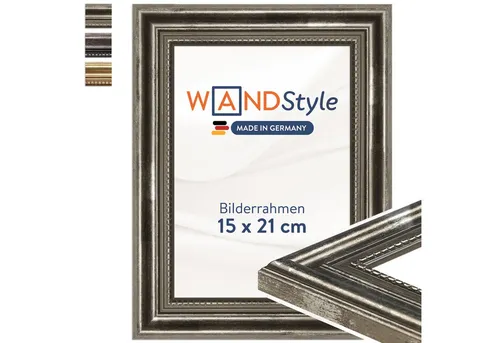 WANDStyle Bilderrahmen H450, Silber, Antik Stil aus Massivholz - Bilderrahmen aus hochwertigem Linde mit Antik-Design, ideal für DIN A5 Formate. Nachhaltig produziert in Deutschland mit Fokus auf Umweltschutz.