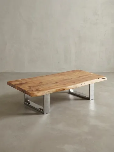 Couchtisch 115 x 25 x 58 cm Akazie Massiv Holz Metallgestell groß, Baumstamm Wohnzimmertisch Massivholz Braun, Baumkante Sofatisch Landhaus Holztisch, Tisch Wohnzimmer Stubentisch