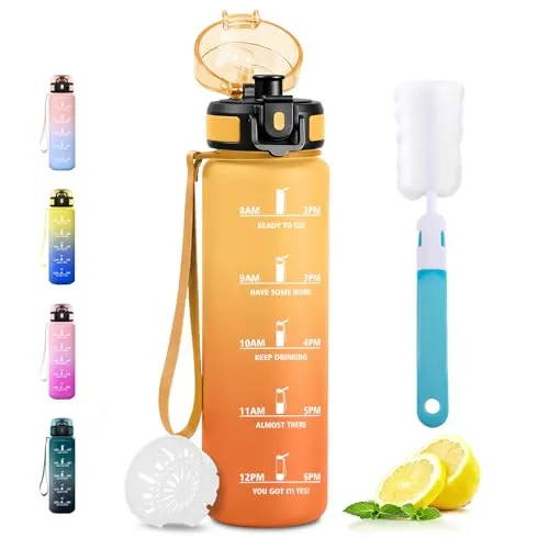 JAPORIA Trinkflasche 1L, Trinkflasche mit Zeitmarkierung und Filter, BPA-frei & Kohlensäure Geeignet, Auslaufsicher Sportflasche für Fitness, Gym, Büro, Schule, Getränkeflasche
