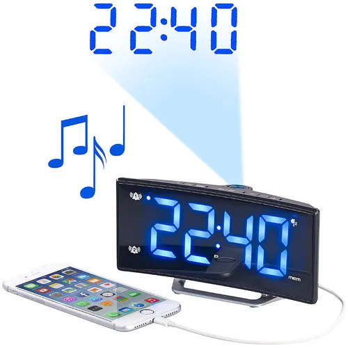 auvisio Projektions-Radiowecker mit Curved-Display, Dual-Alarm & USB-Ladeport