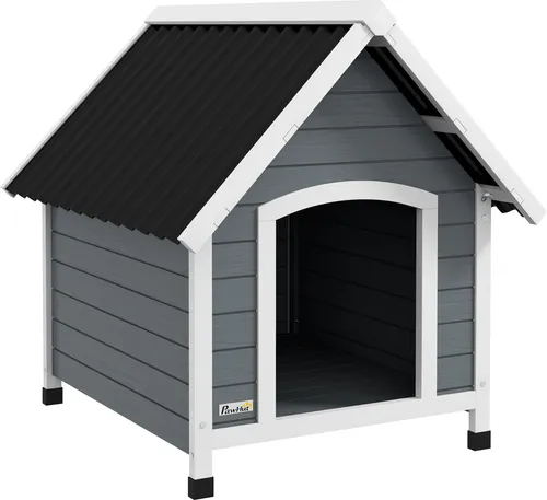 PawHut Hundehütte aus Holz mit Asphaltdach - Grau - Hochwertige Hundehütte für mittelgroße Hunde bis 20 kg, mit gewelltem Dach für optimalen Wetterschutz und verstellbaren Füßen für Stabilität auf unebenem Boden. Perfektes Outdoor-Zuhause!