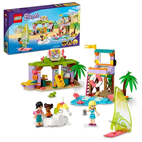 LEGO Friends 41710 Surfer Beach Fun Bauspielzeug-Set - Bauspielzeugset für kreative Kinder ab 6 Jahren mit 288 Teilen, inklusive Rettungsschwimmerturm und Einhorn-Floatie für stundenlangen Spielspaß am Strand.