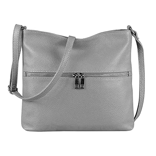 OBC Damen Leder Tasche Cross Body Schultertasche City Bag Crossover Umhängetasche Henkeltasche Clutch Ledertasche Damentasch (Hellgrau 28x26x2 cm)