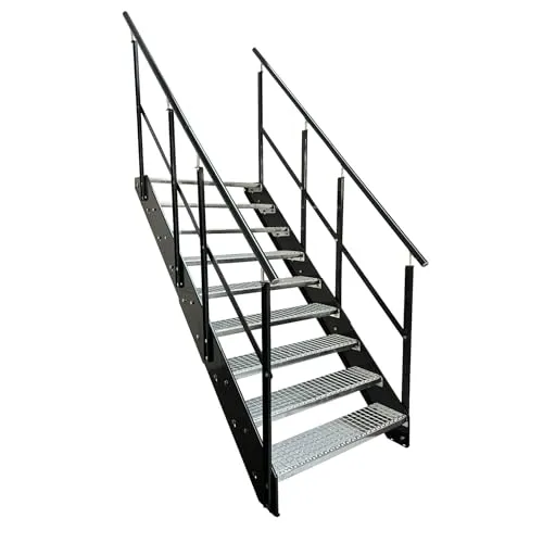 Kaminbau Mierzwa Premium Stahl Gartentreppe mit Geländer und 9 Stufen (Breite 1200 mm)