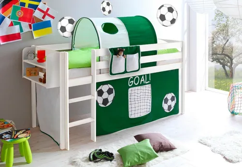 Ticaa Hochbett Malte mit Rollrost und Vorhang in Weiß - Kinderzimmermöbel mit Rundum-Absturzschutz, ideal für kreative Schlafräume. Wählen Sie zwischen verschiedenen Ausführungen und genießen Sie sicheren Schlafkomfort.