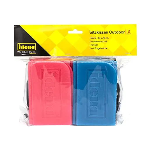 Idena 40613 - Sitzkissen Outdoor 38 x 28 cm, Hellblau/Rot 2er Set, faltbar mit Tragetasche, praktisch für Unterwegs