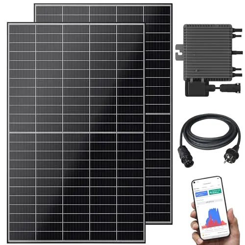 Balkonkraftwerk 1000 W Bifazial Glas/Glas Solaranlage Steckerfertig mit 800 Watt Wechselrichter WiFi Smarte Mini-PV Photovoltaik Anlage genehmigungsfrei Komplettset, schwarz (1000/800W)