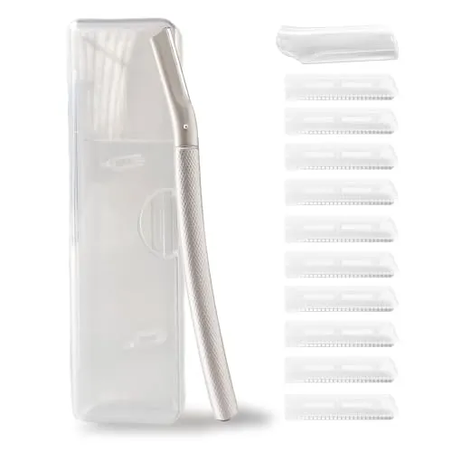 Ruimooto Augenbrauenrasierer mit 10 Stück rostfrei Rasierklingen, Gesichtshaarentferner für Frauen aus Hochwertiger Metall，Augenbrauentrimmer Gesichtsrasierer für Augenbrauen&Pfirsichflaum, Silber