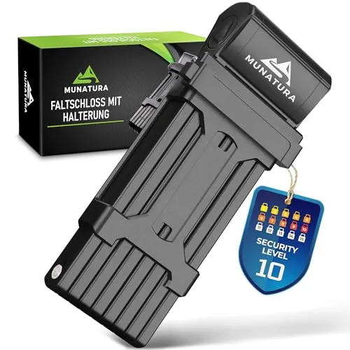 MUNATURA Faltschloss Fahrrad Diebstahlsicher [120cm] - Hohe Sicherheit mit Halterung - Faltschloss mit Stahlkern für hohe Sicherheit gegen Diebstahl, integrierter Staubschutz und praktische Halterung für einfaches Transportieren.
