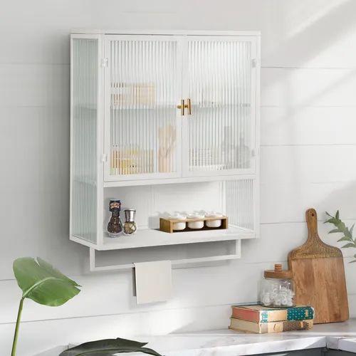 MODFU Sideboard Beistellschrank mit offenem Regal,mit Glastür und Handtuchhalter,Schrank für Eingangsbereich,Wohnzimmer,Badezimmer und Esszimmer,Weiß