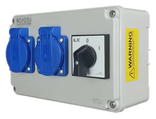 RoadEu - Steckdosenverteiler 230V - 2x Schuko Steckdose mit Schalter - Doppelsteckdose 230V mit Hauptschalter 0-1. Aufputzsteckdose IP44. Außensteckdose 2x 230V Schuko für Indoor/Outdoor-Bereich