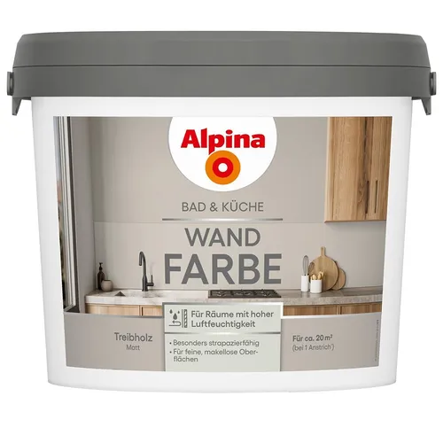 Alpina Wandfarbe Treibholz für Küche & Badezimmer 2,5 L - Hochwertige Wandfarbe für Küche und Badezimmer, in stilvollem Treibholz-Farbton. Ideal für feuchte Räume, sorgt für ein modernes Ambiente und einfache Anwendung.