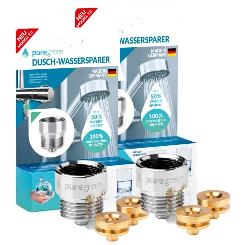puregreen Dusch-Wassersparer 2x | Wasser sparen ohne Komfortverlust - Strahlregler, spart bis zu 50% Wasser mit einfacher Installation auf fast allen Duscharmaturen – effizient und umweltfreundlich.