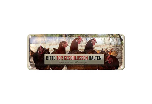 Roomando Metallschild Blechschild Spruch 27x10cm Hühner bitte Tor geschlossen Dekoration