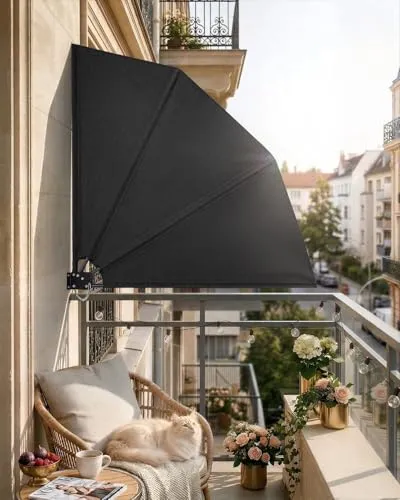 paramondo Balkonfächer Sichtschutz mit Wandhalterung, 140x140cm Anthrazit, Balkon Sichtschutz Wetterfest UV-beständig Faltbar, Balkonsichtschutz Terrasse Seitenmarkise Windschutz inkl. Schutzcover