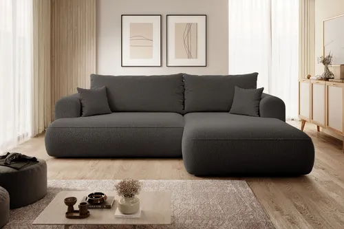 Selsey Ecksofa Ovo, Dunkelgrau, L-Form mit Ottomane rechts - Komfortables Ecksofa in L-Form, verwandelt sich schnell in ein Doppelbett. Der weiche Bouclé-Bezug sorgt für Gemütlichkeit und der Bonellfederkern für optimalen Sitzkomfort.