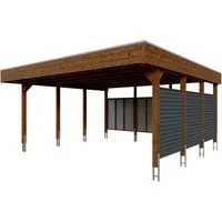 Skan Holz Carport Friesland Hybrid 557 cm x 555 cm Nussbaum - Carport aus imprägniertem Nadelholz mit modernem Aluminium-Trapezprofil, bruchsicheren Dachplatten und einfacher Montage ohne Grundierung.