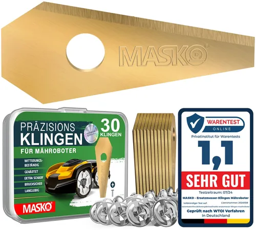 MASKO Mährobotermesser Ersatzmesser für Mähroboter, 30er Set, Titan-beschichtet (30-St), Geeignet für Bosch, Gardena/Husqvarna & Worx