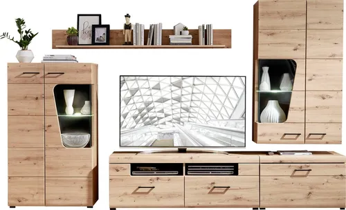 Wohnwand FUNNY mit LED Beleuchtung, 5-teilig - Moderne Wohnwand in Artisan Eiche Dekor, inkl. stilvoller LED Beleuchtung für einen gemütlichen Wohnambiente. Perfekt für Ihr Wohnzimmer mit großzügigen Abmessungen.