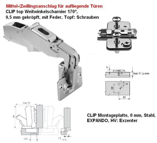 CLIP top Weitwinkelscharnier 170° - Schrank- und Möbelscharniere mit 170° Öffnungswinkel, ideal für platzsparende Lösungen und einfache Montage dank 3-dimensionaler Anpassung.
